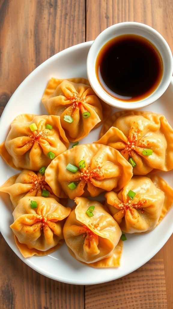 Crispy Air Fryer Pork Dumplings Recipe Crispy air fryer pork dumplings served with soy sauce on a rustic table.